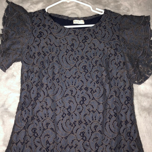 Grey/Blue Lace Dress Flutter Short Sleeve Midi - Picture 4 of 10